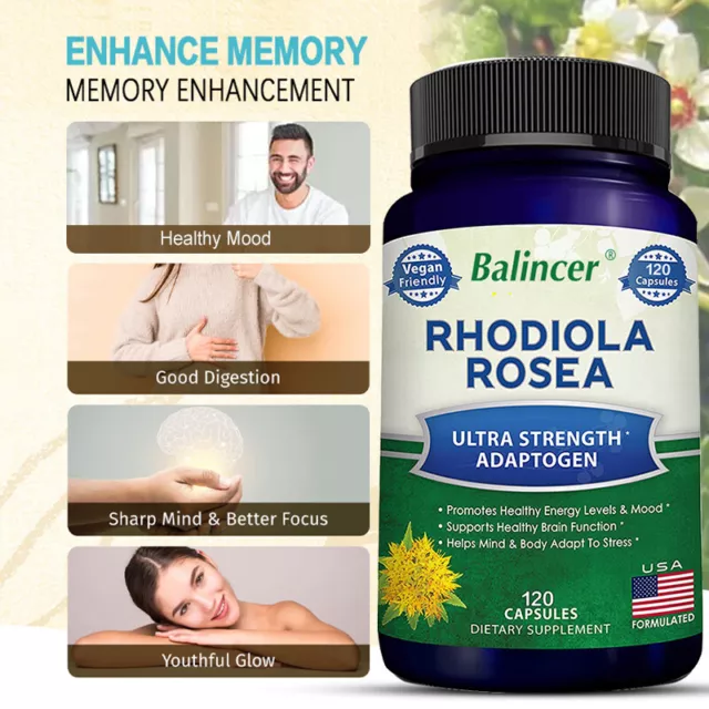 Rhodiola Rosea 120 Capsules 1000mg Reduce Stress Improve Focus and Memory
