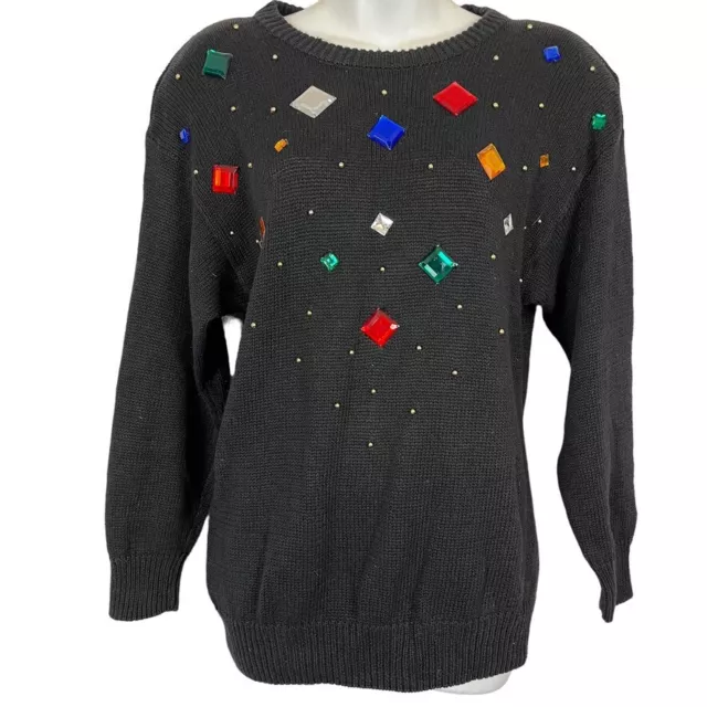 Anytime Glitz Womens Vintage Chunky Rhinestones Colorful Black Sweater sz Small