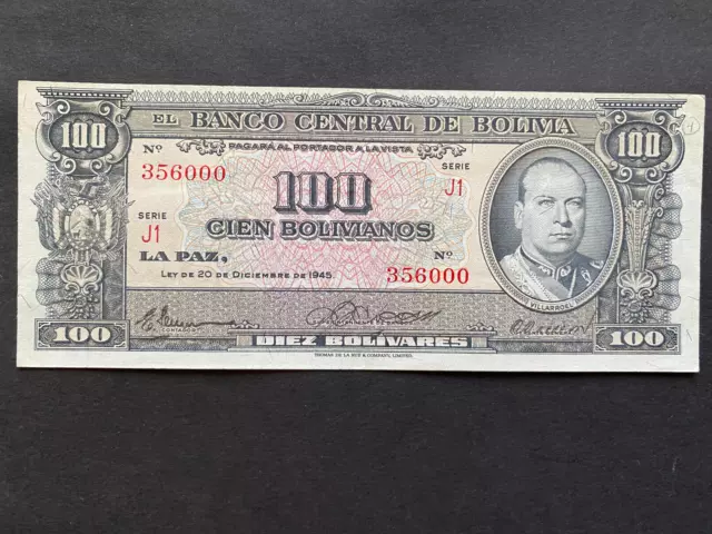 BOLIVIA, 1945, Billete Banco Central de Bolivia, 100 BOLIVIANOS, Serie J1, Circ.