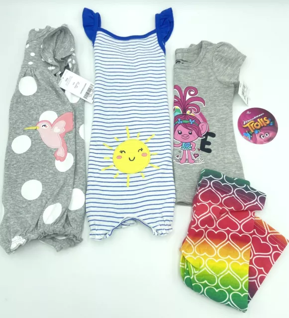 NWT Lot Of 4 Carters Girls - Size 12 Months Trolls Outfit- One Piece - Romper