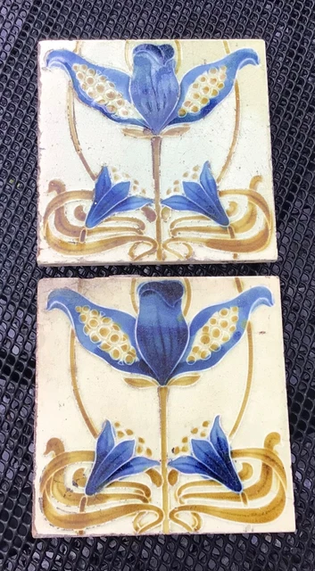 2 x antique reclaimed architectural salvage English art nouveau tube lined tiles
