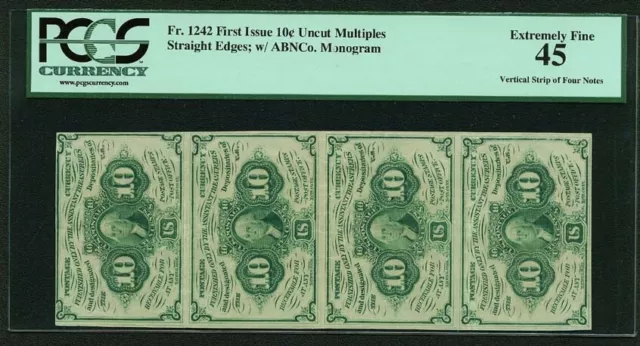 Us 1862-63 10 Cent Fractional Currency Fr-1242 Certified Pcgs Xf45, Strip Of (4)