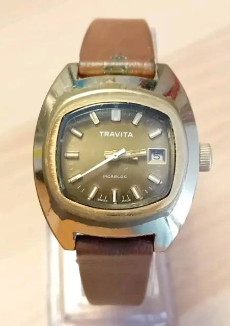 Vintage 1960's Travita Swiss Made 17J Gold Plated Date Watch. For Repair.