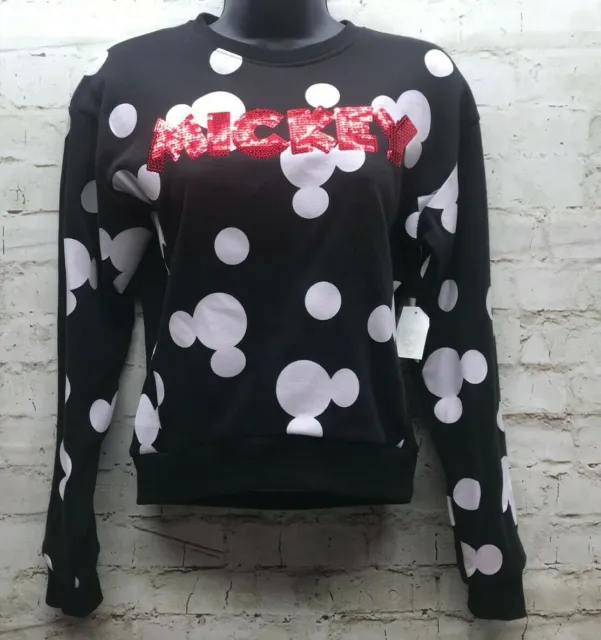 Disney XS Girl Juniors Black White Mickey Mouse Sequins Sweatshirt Pullover