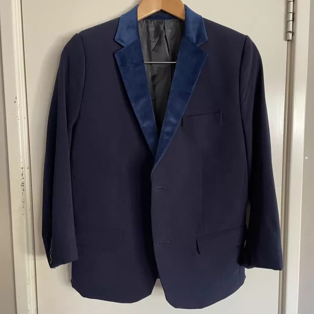 Boys Teens Navy Blue Suit Jacket Velvet Lapel Size 34 see exact measurements