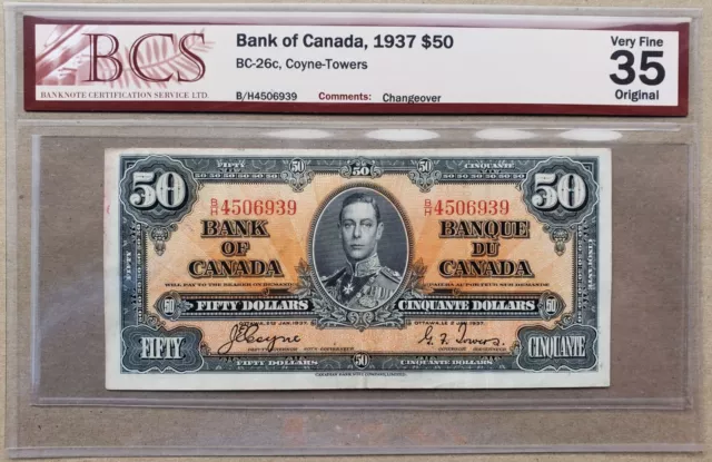 1937 Bank of Canada $50 Coyne-Towers B/H4506939 BCS VF35 Original BC-26c