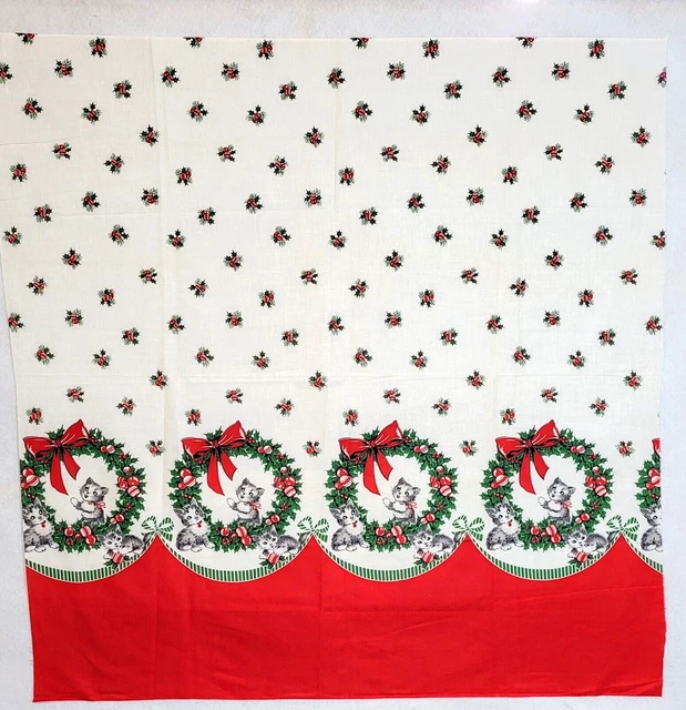 Vintage 50s Christmas Border Print ~ Wreaths, Gray Kittens ~ 36" x 35" NEW RARE!