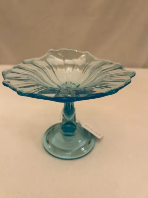 Antique Northwood Blue/Aqua Opalescent Glass Dolphin Compote Candy Dish