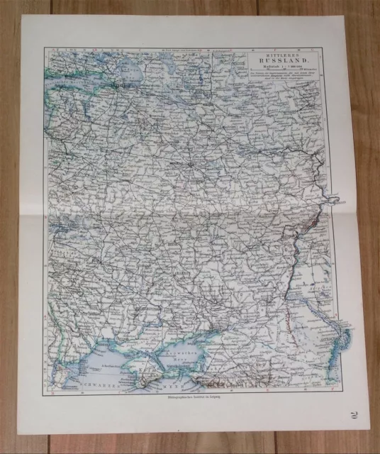 1912 Antique Map Of Central Russia Moscow Ukraine Kiev Crimea Donbass