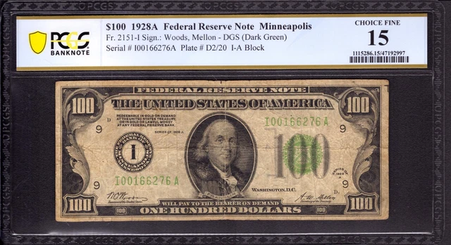 1928 A $100 Federal Reserve Note Minneapolis Fr.2151-I Dgs Pcgs B Choice F 15