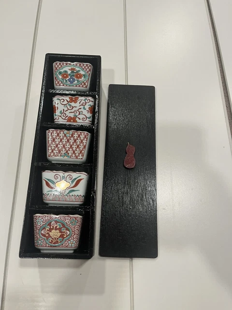 Japanese Porcelain Square Cups Hand painted Lot Of 5 Original Box