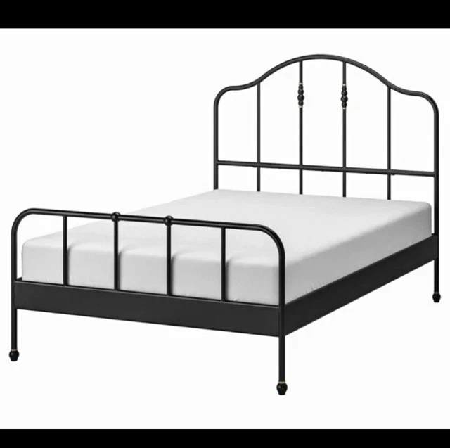 MATT BLACK METAL Double Bed Frame, Slatted Base, Headboard & Footboard ...