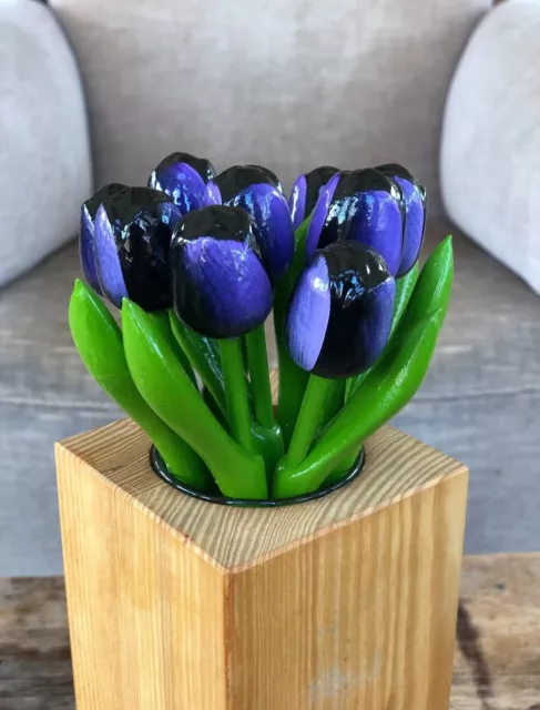 Wooden tulips, set of 9 purple tulips, 7.8'' floral table decor, handmade tulip