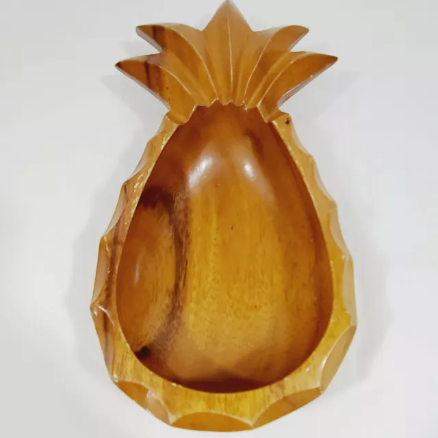 Monkey Pod Wood Pineapple Shape Bowl Etched Info Back 10" x 5" Hawaiian