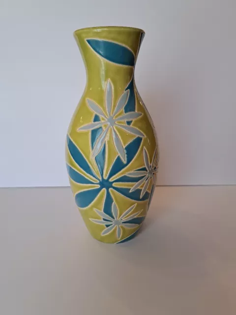 Pier 1 Imports Floral Vase 14" Tall Teal/Lime Green Flower Design Pottery