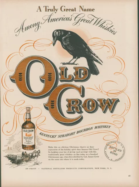 1948 Old Crow Bourbon Whisky Christmas Tree Horse Drawn Sleigh Vtg Print Ad L15