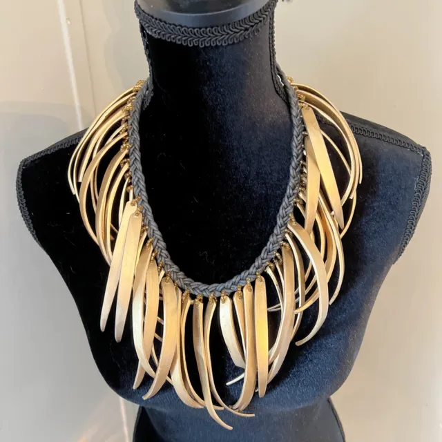 Handmade Boho Tribal Inspired Necklace Gold Fringe Spike On Black Leather Cord