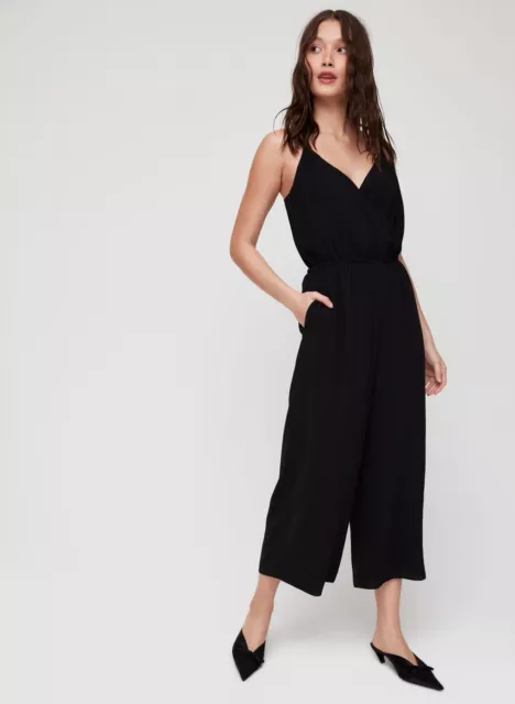 Aritzia Wilfred Melodie Black Wide Leg Cropped JumpSuit Surplice Neck Pockets M