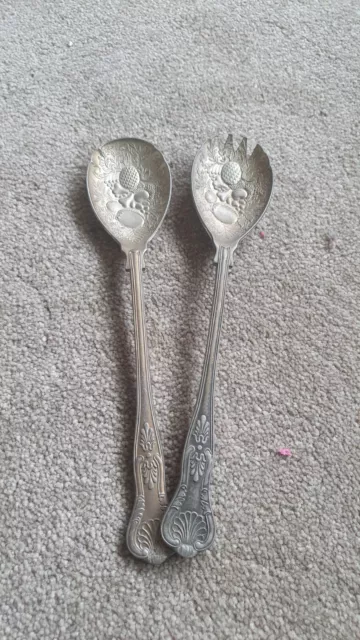 Vintage Silver Plated Salad Servers Spoon + Fork Embossed Fruit Pattern England