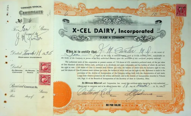 X-Cel Dairy Company Stock Certificate Bond Scripophilly Akron Ohio 1935 No 6 Y