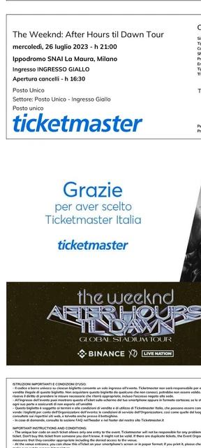 Biglietti Posto Unico Ingresso Giallo Concerto The Weeknd Milano 26/07/2023