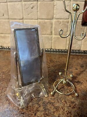 Vintage Brass Doll House Furniture Hall Tree 6" and Floor Mirror 4.5" NOS
