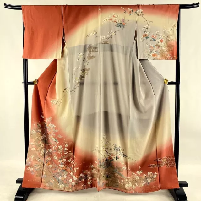 Japanese kimono  "HOMONGI", Gold /Silver leaves, Stream, Pink-Beige,L5' 4"..3483