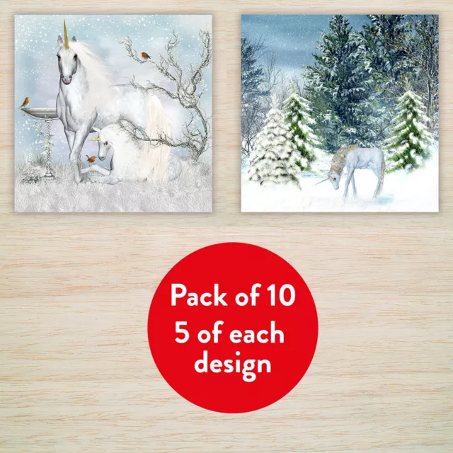 Unicorns Christmas Cards & Packs Mystical White Unicorns Snow Robins Xmas Cards