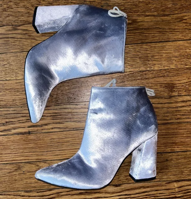 Stuart Weitzman Grandiose Velvet Block Heel Booties Silver Women’s 7