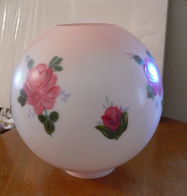 Vintage GWTW 10 in Hand Painted Glass Ball Oil Lamp Globe Shade Pink W Red Roses