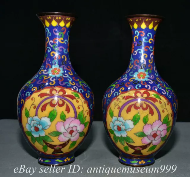 10" Old Chinese Bronze Enamel Cloisonne Dynasty Palace Flower Vase Pair