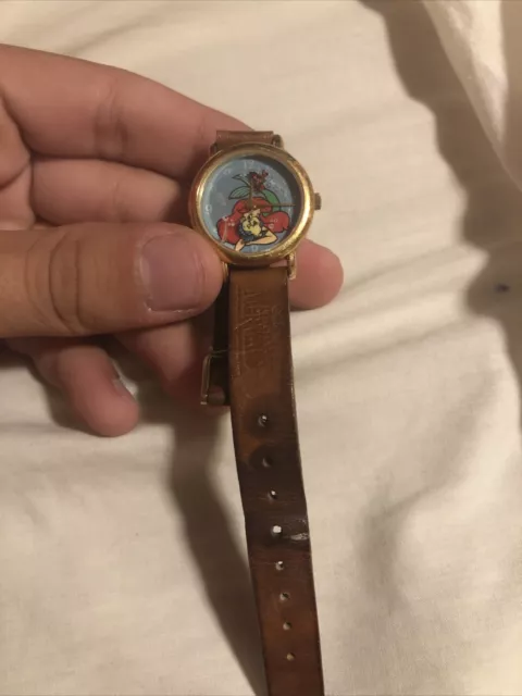 Vintage 90s Disney Watch Little Mermaid Quartz Woman Leather Strap Asis Untested