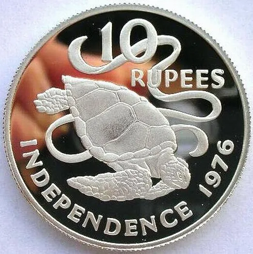 Seychelles 1976 Green Sea Turtle 10 Rupees Silver Coin,Proof