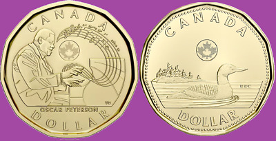 Set 2022 Canada Non-Col Oscar Peterson & Regular Dollar Loonie Mint UNC $1 Coin