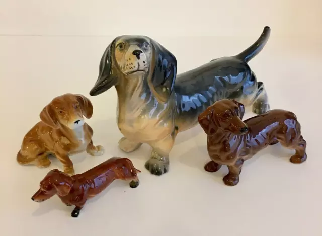Dachshunds (Sausage Dogs) Ceramic Ornaments, Group of Four, Vintage, VGC