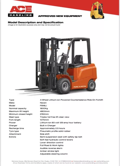 New Nexen FBA18Li Container Spec Lithium Forklift Buy-£15999 HP-£79pw Hire-£69pw