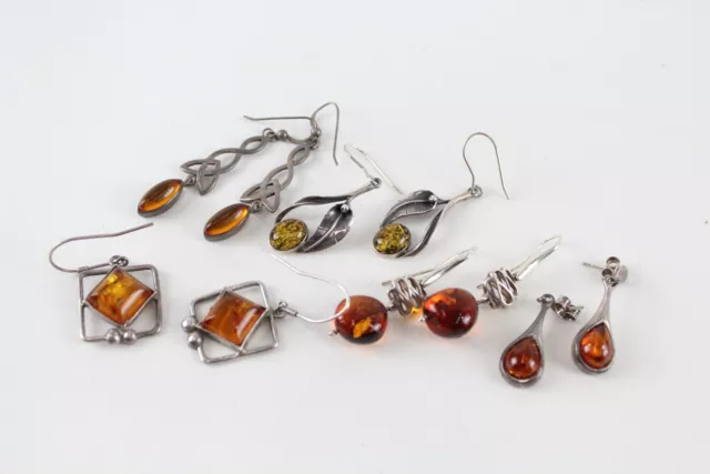 Sterling Silver Amber Earrings Drop Celtic Baltic Modernist Copal x 5 (21g)