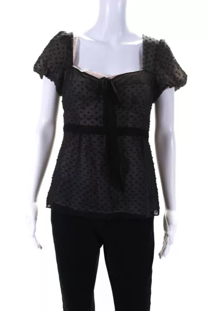 Nanette Lepore Womens Square Neck Swiss Dot Short Sleeve Top Blouse Black Size 8