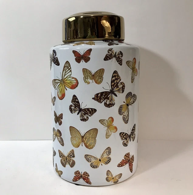 Lrg Porcelain Butterfly Urn Ginger Jar Metallic Gold Lid ~12” T White Cookies?