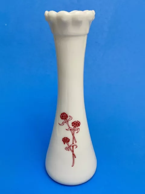 Vintage MCM White Milk Glass Bud Vase With Red Carnation Flowers, 9" tall
