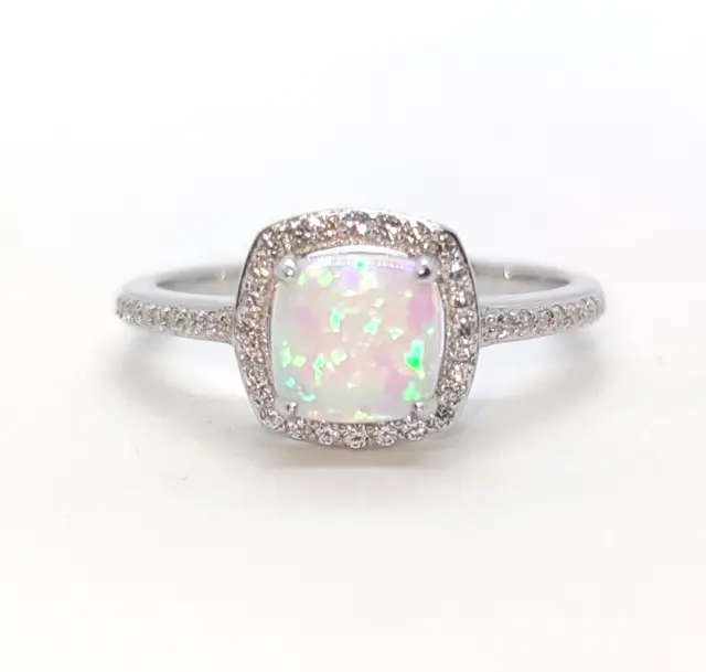 925 Sterling Silver White Lab-created Opal Cubic Zirconia Statement Ring R1/2