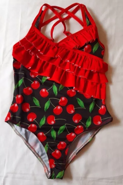 GIRLS AGE 7-8 YEARS 130cm ON PIECE 'CHERRIES' SWIMSUIT with Beautiful Frills