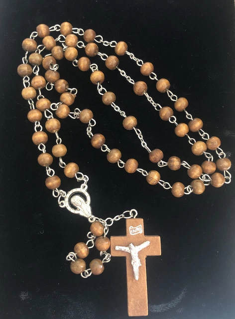 Vintage Rosary Cross Olive Wood Bead Carved Catholic Crucifix Handmade