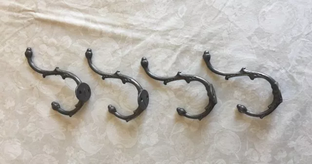 Lot of 4 Beautiful Large Fancy Ornate Cast Iron Coat Hat Hooks - wall mount