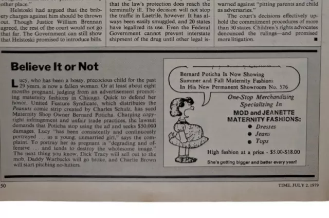 Lucy Peanuts Cartoon Pregnant Parody 1979 Time Mag Story 1pg