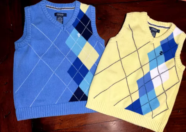 IZOD Lot of 2 ARGYLE SWEATER VESTS BOYS TODDLER BLUE YELLOW V NECK SZ 4 TWINS