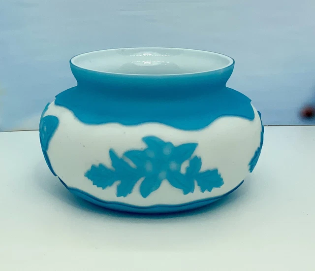 Cameo Glass Cache Pot Vase Matte Blue Cut To White Flowers