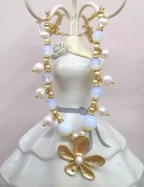 Collana Fiore Pietra Di Luna E Perle Di Fiume