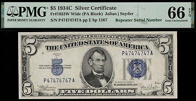 1934C $5.00 Silver P47474747A P.m.g #66Epq  "Super Repeater"