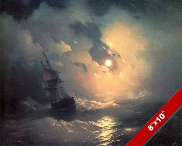 Moonlit Storm At Sea Ship Sailboat Seascape Painting Art Real Canvas Print